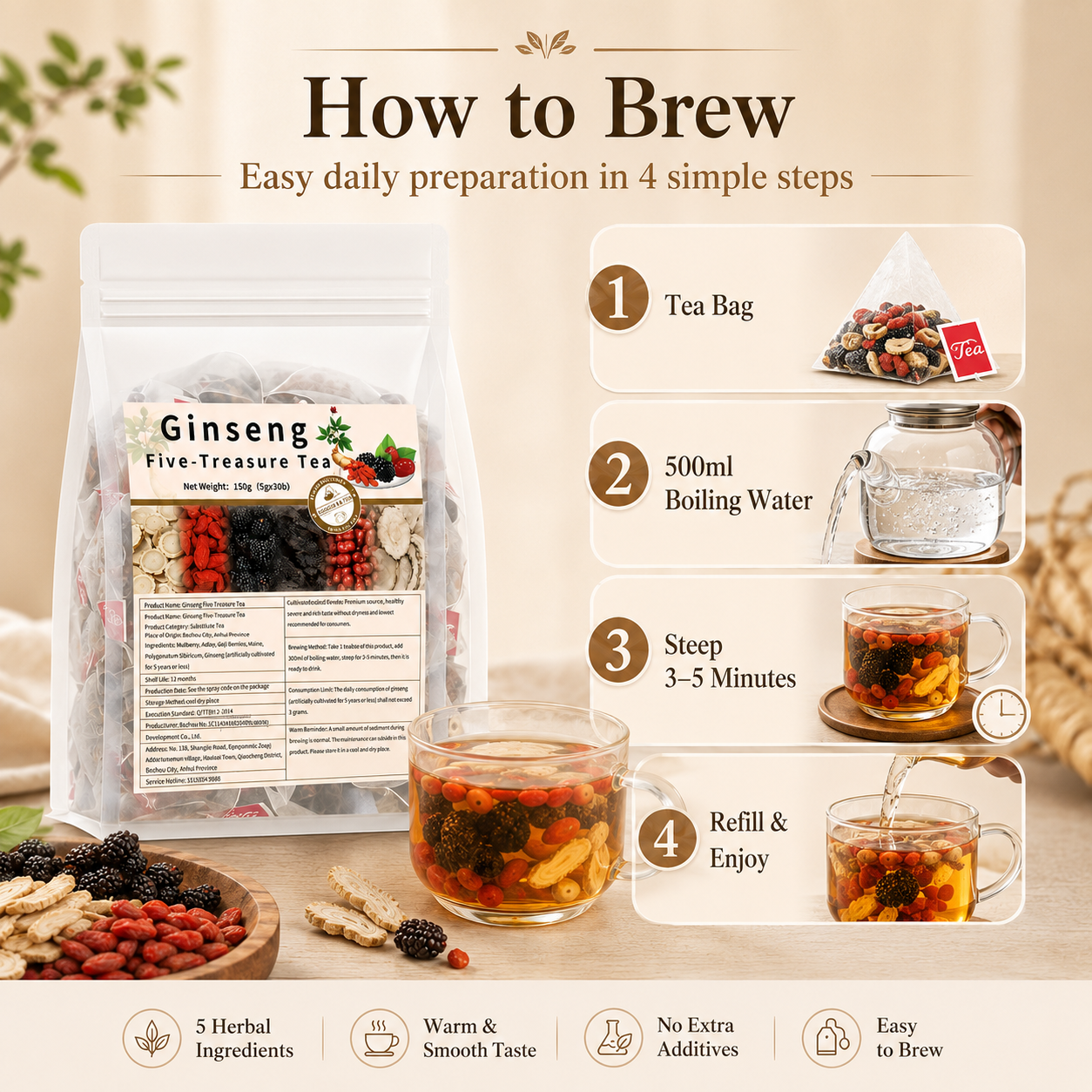 Ginseng Five-Treasure Tea | Restore Energy, Stamina & Daily Vitality-ASS1